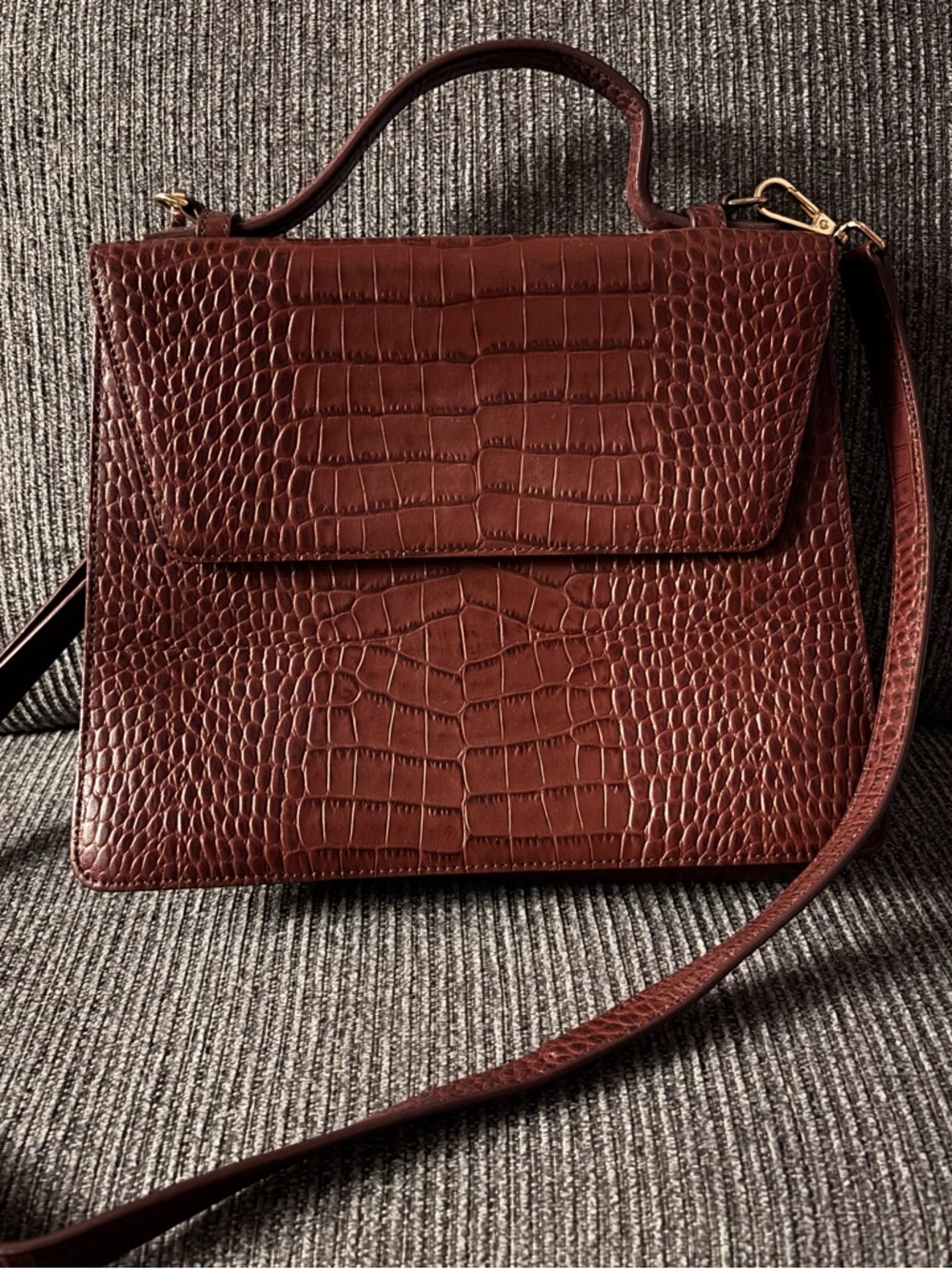 Croc-Embossed Top Handle Satchel in Deep Brown